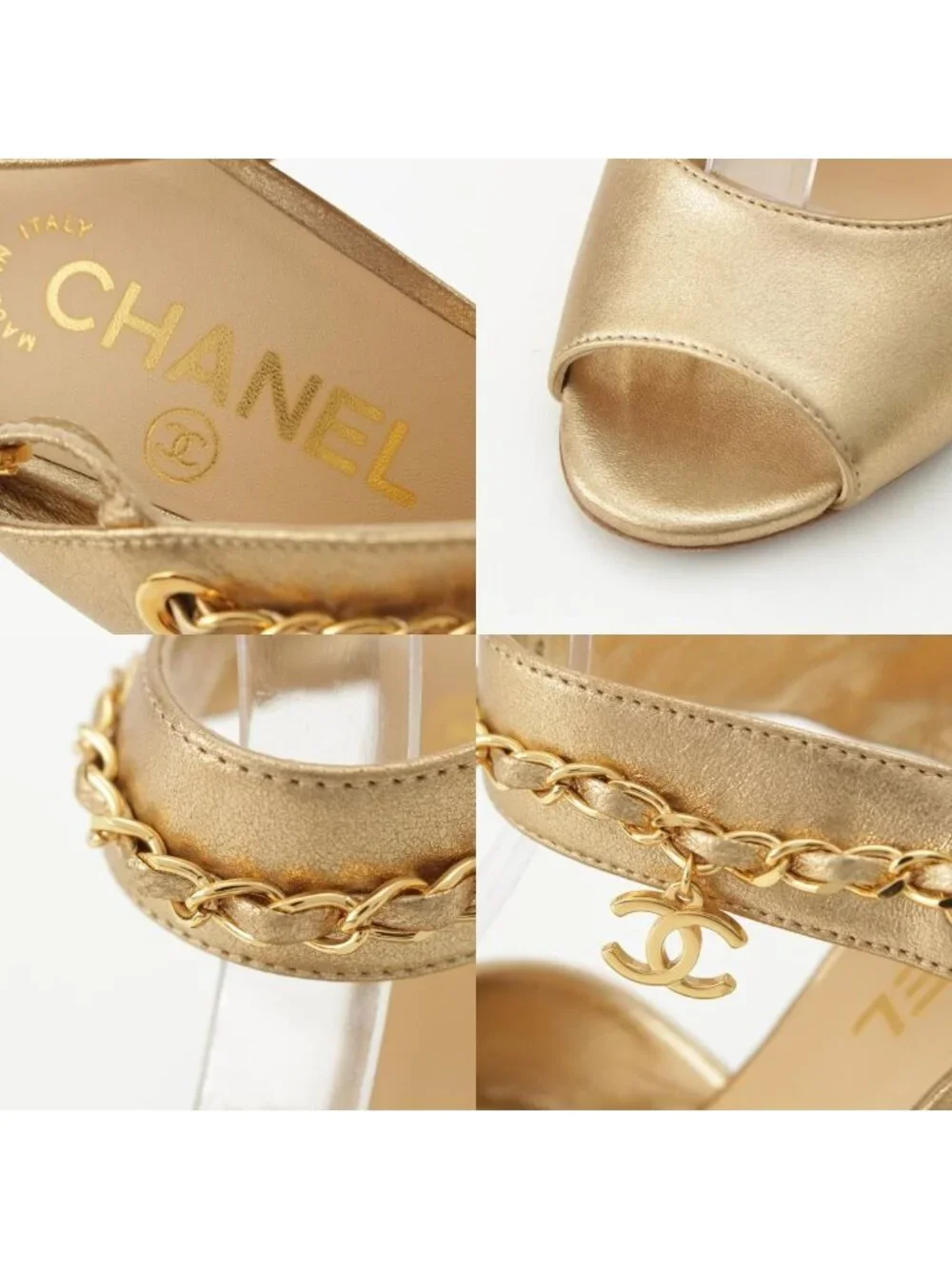 Chanel Leather CC Logo Chain Heels Clover Sandals Gold